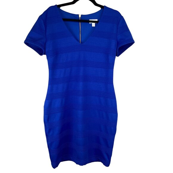 Bisou Bisou Dress Size 12 Blue‎ V-Neck Short Sleeve Bodycon Fitted - Picture 1 of 9